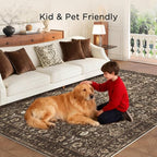 9x12 Area Rug for Living Room, Soft Large Rugs Brown Washable Rugs, Indoor Vintage Carpet for Bedroom Dining Room Office, Rubber Backed Non Slip Low Pile Mat, Dark Brown