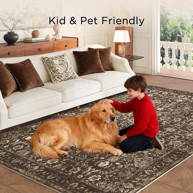 8x10 Washable Rugs for Living Room, Soft Large Rugs Brown Area Rug, Indoor Vintage Carpet for Bedroom Dining Room Office, Rubber Backed Non Slip Low Pile Mat, Dark Brown