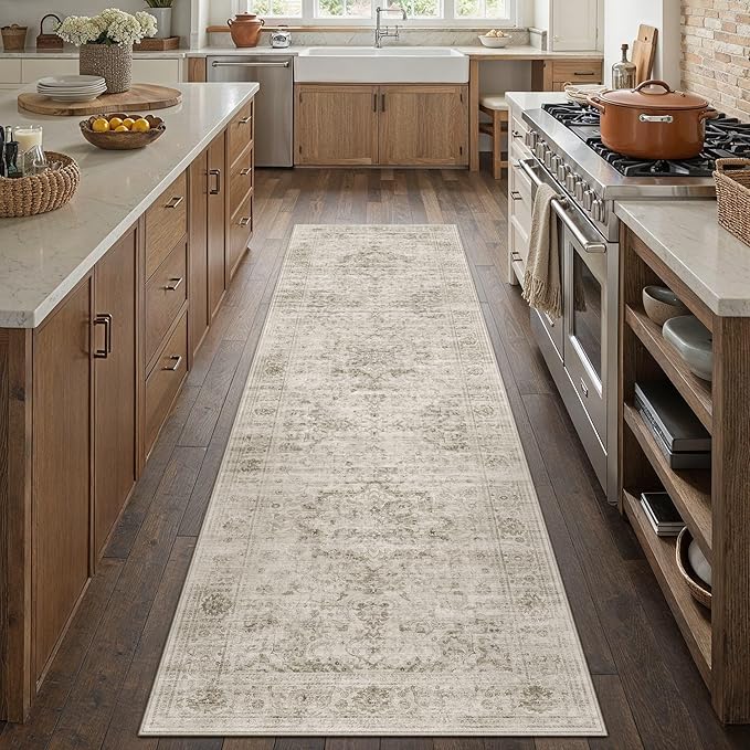 HUGEAR Washable Hallway 2x8 Runner Rugs Retro Beige Vintage Distressed Non Slip Stain Resistant Low Pile Neutral Throw Carpet for Bedside Kitchen Entryway Home Decor