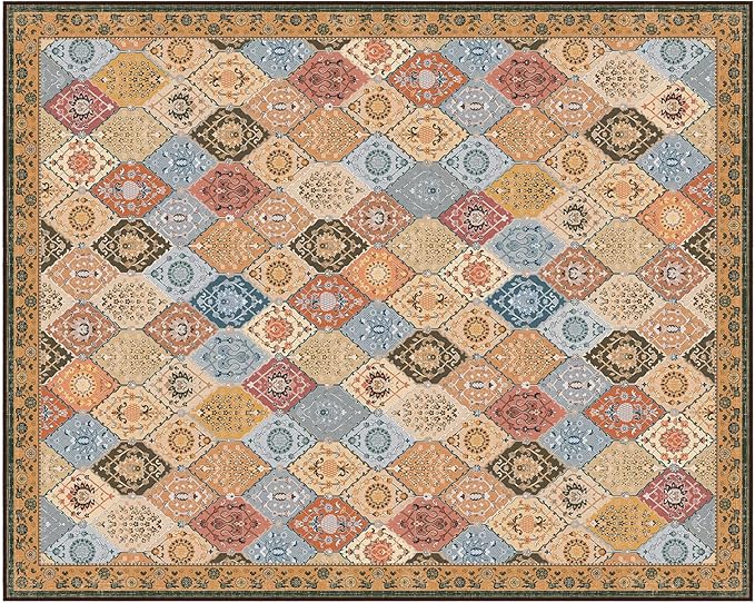 Phantoscope Washable Area Rug 8'x10' Non-Slip, Vintage Boho Rugs for Living Room, Bedroom, Dining Room, Distressed Moroccan Mosaic Diamond Pattern, Low-Pile Foldable Floor Carpet, Terracotta/Rust