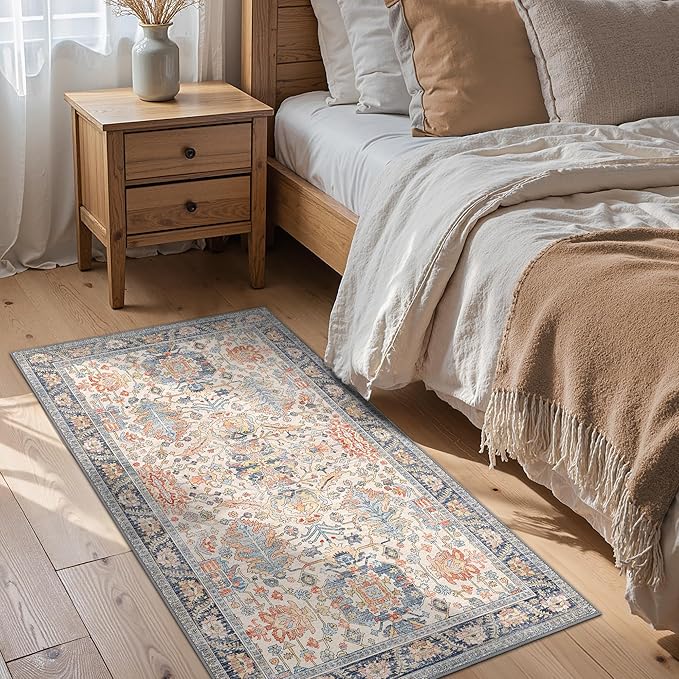 Bavni Area Rug 3x5, Non-Slip Washable Rugs for Living Room Office, Boho Distressed Printed Rug, Low Pile Foldable Decorative Carpet for Bedroom Kitchen Office, Teal/Multi