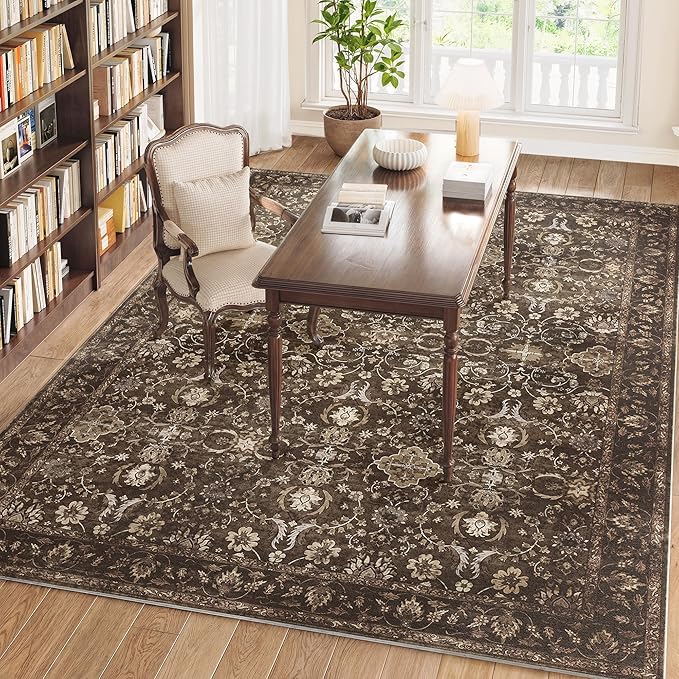 5X7 Area Rugs for Living Room, Soft Rugs Brown Washable Rug, Indoor Vintage Rugs for Bedroom Home Office Laundry, Rubber Backed Non Slip Low Pile Carpet, Dark Brown