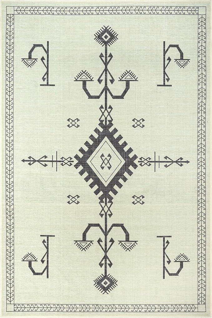 GLN Rugs Contemporary Collection - Machine Washable Area Rug, Contemporary Washable, Non Slip, Low Pile Chenille Rug, Living Room, Bedroom, Kitchen Rug (6' x 9' Cream/Anthracite)