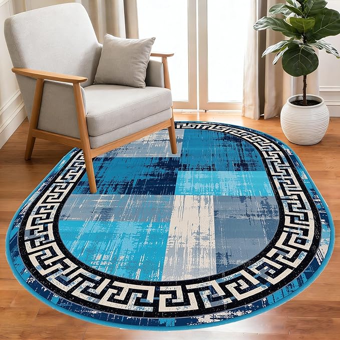 Blue Grey Black Greek Key Pattern Bordered Design Large Carpet for Living Room Bedroom Dining Room Soft Non Slip Low Pile Area Rug 7x9 Farmhouse Doormats Vintage Distressed Home Office Oval Rugs