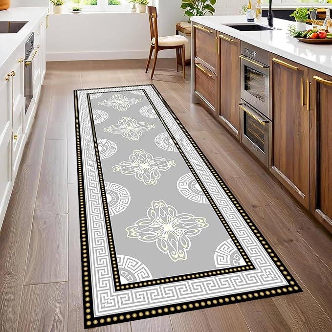 Boho Long Runners Carpet, 3.3x7ft, Modern Geometric Bohemian Print with Greek Key Grey Long Hallway Rug, Low-Profile Non Slip Rubber Backed Flat Rugs for Relax Room Entryways