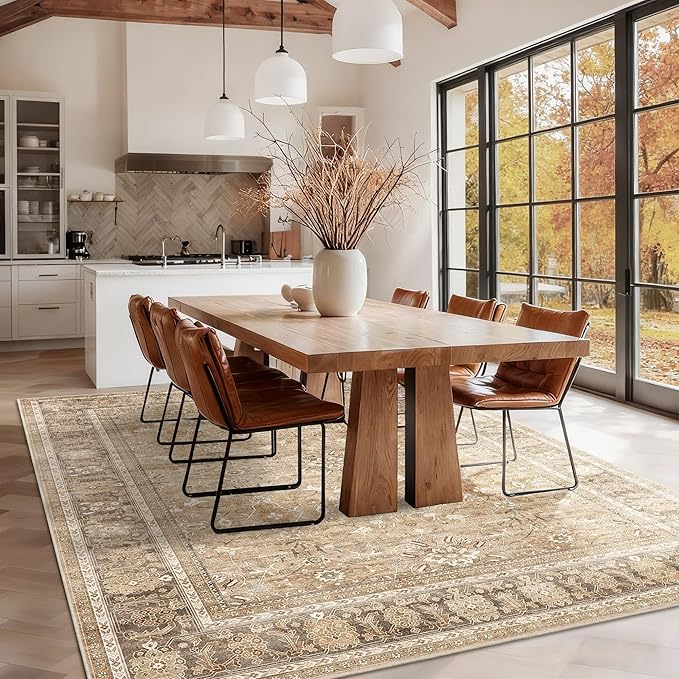 HelloTree Washable Rugs 9x12 Area Rug for Living Room, Vintage Boho Khaki Rug Non Slip Carpet Retro Accent Indoor Mat Print Distressed Low Pile Throw Large Rug for Office Dining Room Bedside-Khaki