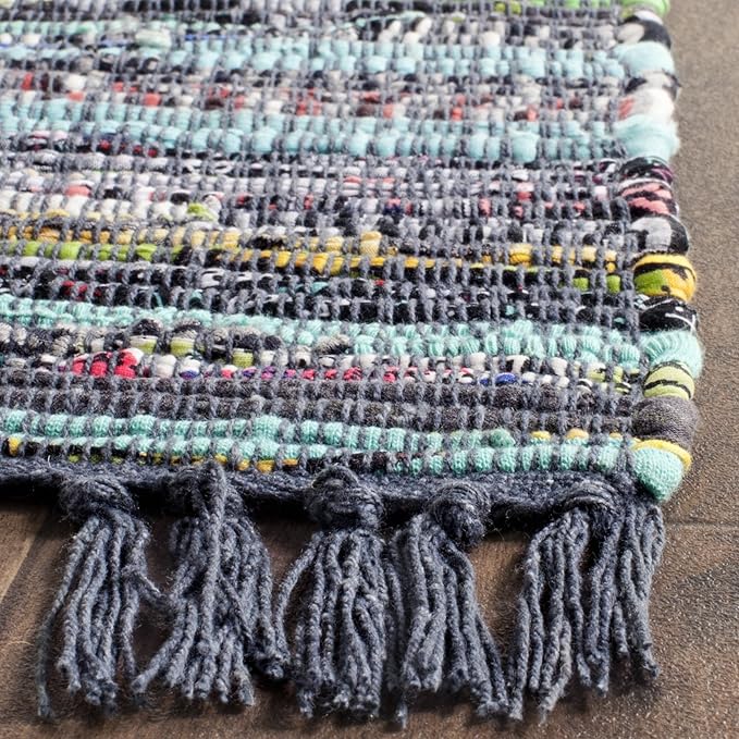 SAFAVIEH Rag Rug Collection Accent Rug - 4' x 6', Ink & Multi, Handmade Boho Stripe Cotton, Ideal for High Traffic Areas in Entryway, Living Room, Bedroom (RAR121C)
