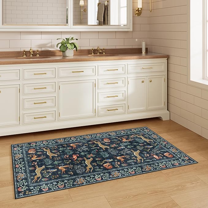DUKINO 2x4 Rug for Hallway, Washable Kitchen Runner Rug with Non Slip Backing, Soft Low Pile Vintage Animal Runner for Bedroom, Kitchen, Hallway, Entryway, Laundry, Navy Blue