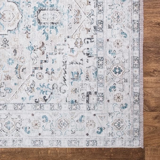 Bloom Rugs Caria Washable Non-Slip 4x6 Rug - Seashell/Teal Blue Traditional Area Rug for Living Room, Bedroom, Dining Room, and Kitchen - Exact Size: 4' x 6'