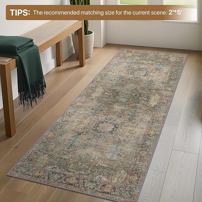 Bavni 8x10 Area Rugs for Living Room, Machine Washable Rug Lightweight Low Pile, Chenille Non Slip Rug Boho Print Decorative Carpet for Bedroom Dinner Room, Olive Green