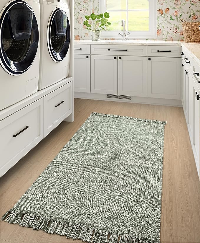 Collive Washable Area Rug 3' x 5', Modern Woven Kitchen Rugs, Olive Green/Cream Braided Cotton Rug Indoor Door Mat Throw Carpet for Entryway Living Room Nursery Mudroom Laundry Room