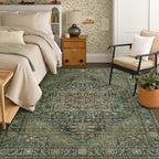 Kokia 9x12 Washable Area Rugs Dark Green with Vintage Orient Design, Soft Rug for Living Room or Bedroom, Non-Slip Low Pile Stain Resistance Features, Distressed Medallion Pattern