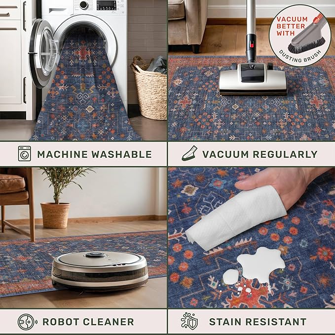 Navy Blue Runner Rug 2x7 for Kitchen, Hallway, Mudroom, Laundry Room, Bathroom, Washable Non Slip Non Skid Rubber Backing Low Pile Stain Resistance