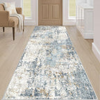 Runner Rug Non Slip Rugs: 3x8 Hallway Kitchen Washable Abstract Soft Modern Stain Resistant Indoor Floor Neutral Accent Throw Carpet for Bathroom Laundry Room Entryway Bedroom- Blue