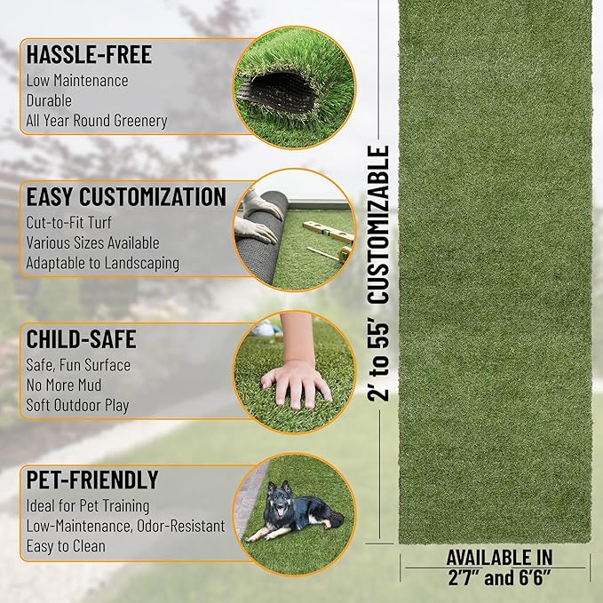 Ottomanson 2'7" x 8' Artificial Faux Grass Rug - Realistic Turf with UV Protection - Perforated for Easy Drainage - Durable, Hose-Off Synthetic Lawn Carpet for Indoor & Outdoor Use, Green