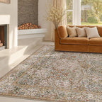 Washable Dining Room Rugs for Under Table - 6x9 Moss Green Oriental Area Rug for Living Room, Low Pile Non-Slip Floor Carpet for Bedroom Under Bed - Vintage Brown Neutral Design & Stain Resistance