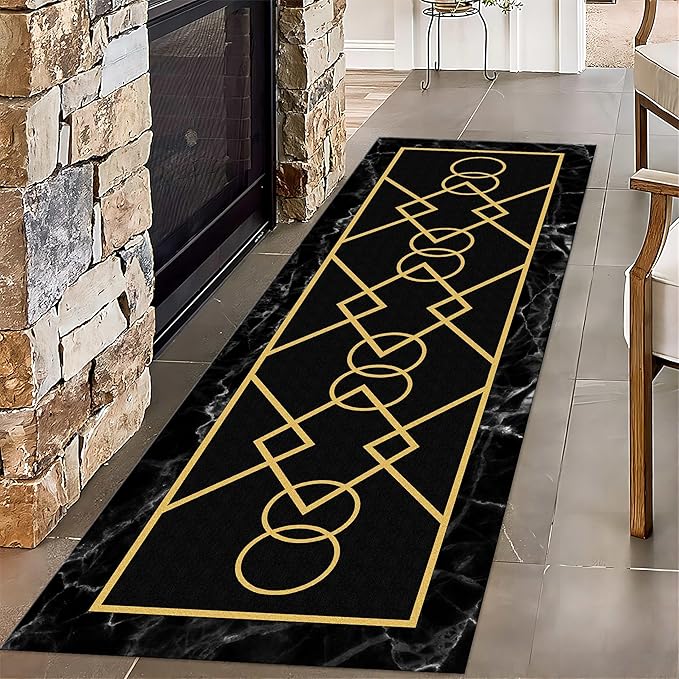 Luxury Gold Stamped Texture Hallway Runner Rug for Walkway, 2x7ft, Abstract Black Marble Background Entrance Carpets, Minimalist Geometric Decoration Absorbent Mat for Floor Office
