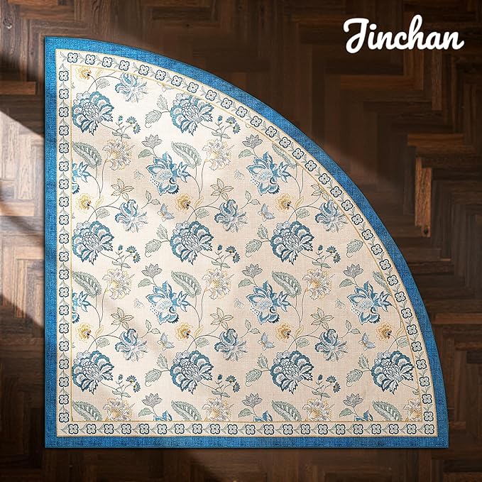 jinchan Elora Floral Corner Rug for Living Room Washable Bedroom Rug Vintage Romance Design Non Slip Quarter Circle Lightweight Low-Pile Throw Carpet for Reading Nook Playroom, 7ft Radius, Blue/Beige