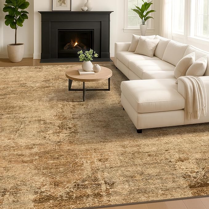Brown and Gold Rugs for Living Room 5x7 Rug - Abstract Grey Office Rug for Fireplace, Home Office, Bedroom, Washable Non Slip Soft, Medallion Indoor Décor