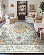 Area Rugs 10'x14' Washable Non-Slip, Floral Vintage Distress Print Pattern Medallion Carpet for Living Room Bedroom Dining Room, Light Yellow Carbon Grey Orange