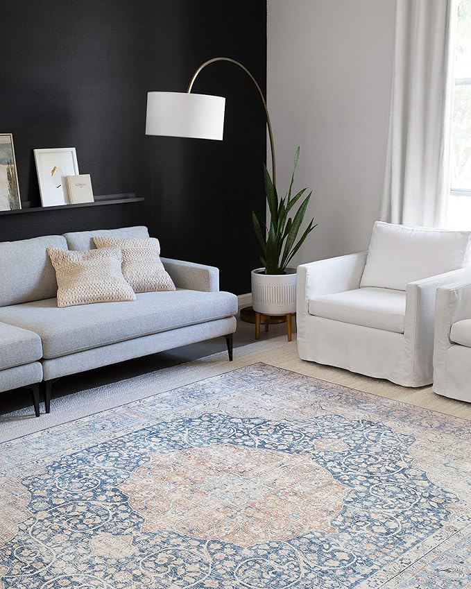 Loloi Layla Collection LAY-07 Blue/Tangerine 7'-6" x 9'-6" .13" Thick Area Rug, Soft, Durable, Vintage Inspired, Distressed, Low Pile, Non-Shedding, Easy Clean, Printed, Living Room Rug
