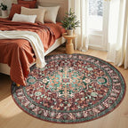 U'Artlines Boho Vintage Round Area Rug 6ft Machine Washable Low Pile Soft Floor Carpet Non Slip Non Shedding Accent Rug for Living Room Bedroom Entryway Dining Room Office Rust＆Teal