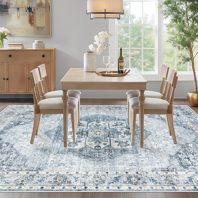 6x9 Area Rugs Washable Rugs for Living Room, Vintage Boho Rug Non-Slip Soft Floral Distressed Rug Low Pile Stain Resistant Carpet for Bedroom Nursery Office Dining Room Farmhouse Dorm(Blue, 6'x9')