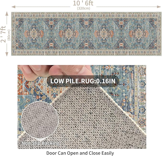 Enkor Runner Rugs for Hallway, 2.6x10.5 Washable Soft Non Slip Floor Rugs for Kitchen, Modern Mat for Living Room Bedroom Entryway Green & Blue