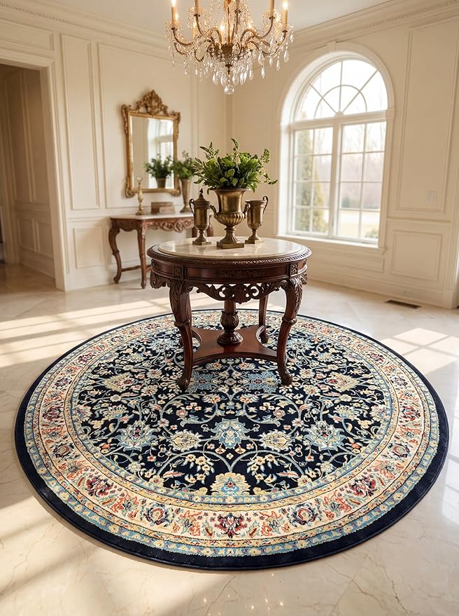 Rugs.com Yasmin Collection Rug – 8 Ft Round Navy Blue Medium Rug Perfect for Kitchens, Dining Rooms