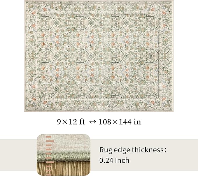Washable Living Room Rug: 9x12 Boho Floral Soft Area Rug for Bedroom Decor - Vintage Low Pile Thin Carpet for Dining Room Non-Slip - Farmhouse Stain Resistant Rugs - Beige Green