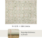 Washable Living Room Rug: 9x12 Boho Floral Soft Area Rug for Bedroom Decor - Vintage Low Pile Thin Carpet for Dining Room Non-Slip - Farmhouse Stain Resistant Rugs - Beige Green
