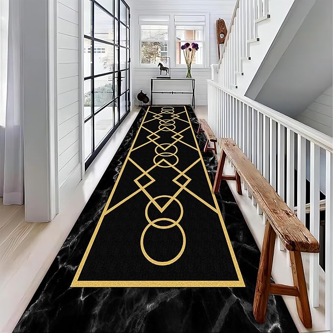 Luxury Gold Stamped Texture Hallway Runner Rug for Walkway, 2.6x7ft, Abstract Black Marble Background Entrance Carpets, Minimalist Geometric Decoration Absorbent Mat for Floor Office