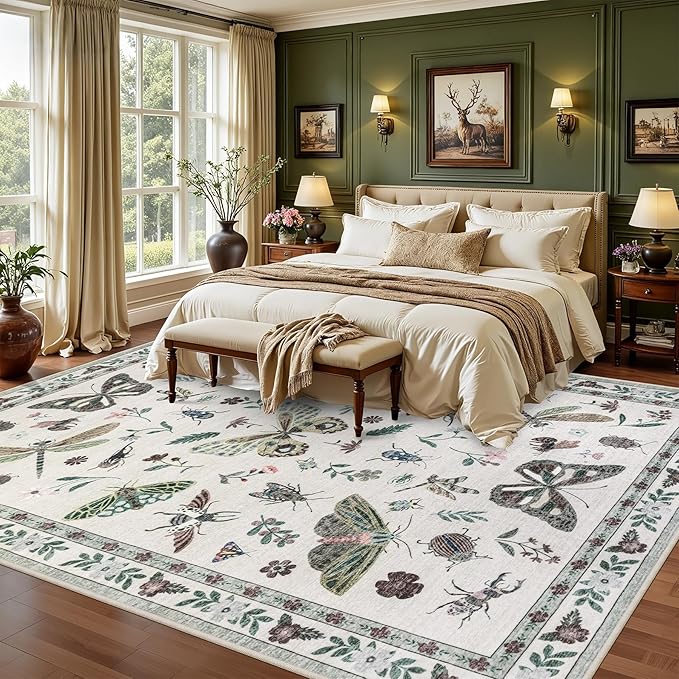 5x7 Area Rugs Living Room Rug: Vintage Washable Rug Floral Soft Carpet Indoor Floor Non-Slip Boho Stain Resistant Large Carpets for Bedroom Kids Nursery Dining Room Farmhouse Home Office Beige