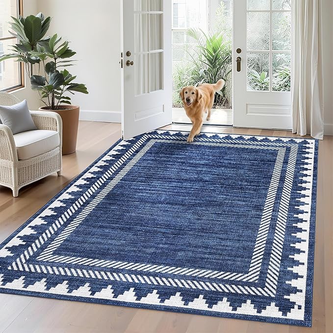 Foldable 5x7 Non Slip Area Rugs for Living Room Dining Room Modern Geometric Washable Non-Shedding Soft Indoor Carpet Bordered Printed Stain Resistant Bedroom Low Pile Rugs, Blue