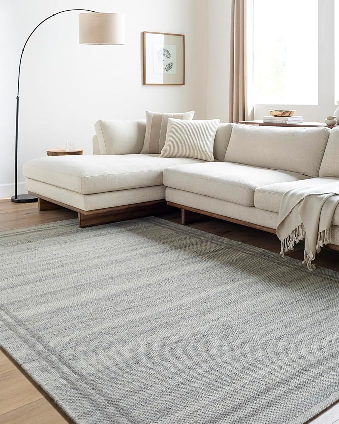 Mark&Day Wool Rugs, 2x8 Janmichael Solid and Border Gray Runner Area Rug, Grey Ivory Carpet for Hallway, Kitchen, Bedroom or Living Room (2'6" x 8' Runner)