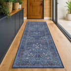 Dark Blue 3x8 Wide Hallway Runner Rugs Indoor Non Slip, 8ft Oriental Washable Rug for Kitchen, Entrance Indoor, Vintage Floral Design Low Pile & Soft Stain Resistant Carpet