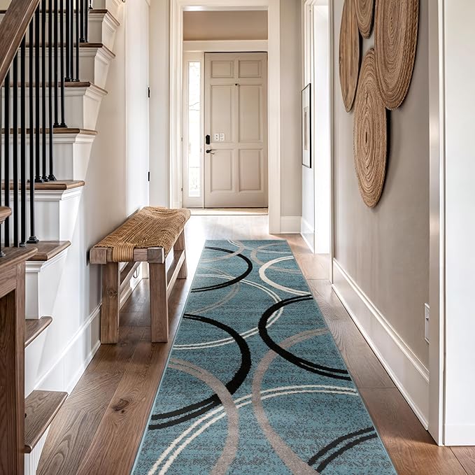 Rugshop Modern Wavy Circles Design Runner Rug, Non-Shedding Carpet for Hallway, Kitchen, or Foyer, Blue, 2'7" x 8'