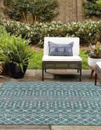 Unique Loom Outdoor Trellis Collection Area Rug - Tribal Trellis (5' 3" Square, Teal/ Ivory)