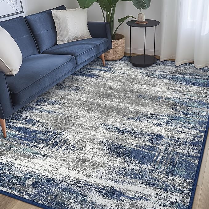 Bavni 10x14 Area Rugs, Modern Living Room Rugs, Large Machine Washable Rug Non-Slip, Soft Pet Friendly Rugs for Bedroom, Playroom, Dining Room, Blue/Ivory