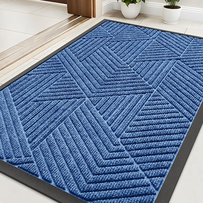 Kitinjoy Front Door Mat Outside Entrance, Sturdy Natural Dirt Trapper, Heavy Duty Rubber Doormat, Low Profile Non-Slip Backing, Easy Clean Floor Mat for Indoor Outdoor Entry, 35X23 Inch, Blue
