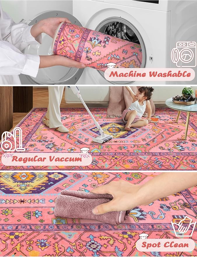 SERISSA Washable Kitchen Runner Rug, 2x6 Non-Slip Fuchsia Pink Runner Rugs for Hallway, Ultra Soft Cute Boho Aesthetic Low-Pile Floor Carpet for Bedroom Bathroom Laundry Living Room