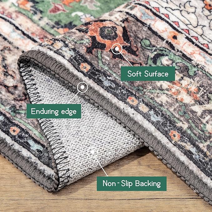 4x6.5 Green Boho Area Rug Vintage for Kitchen Living Room Bedroom Dining Room Office Non Slip Low Pile Indoor Floor Distressed Carpet