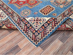 Cerulean Blue Special Kazak with All Over Pattern Natural Dyes Pure Wool Hand Knotted Oriental Densely Woven Rug(9'x11'8")
