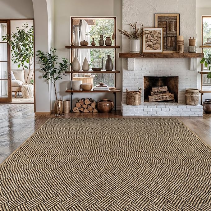 Easy Jute Rugs 9x12 Herringbone Natural Color Living Room Indoor Outdoor Area Rug for Patio and Kitchen Rug High Traffic Washable Easy to Clean Solid Boho Woven Design Carpet (9 x 12)