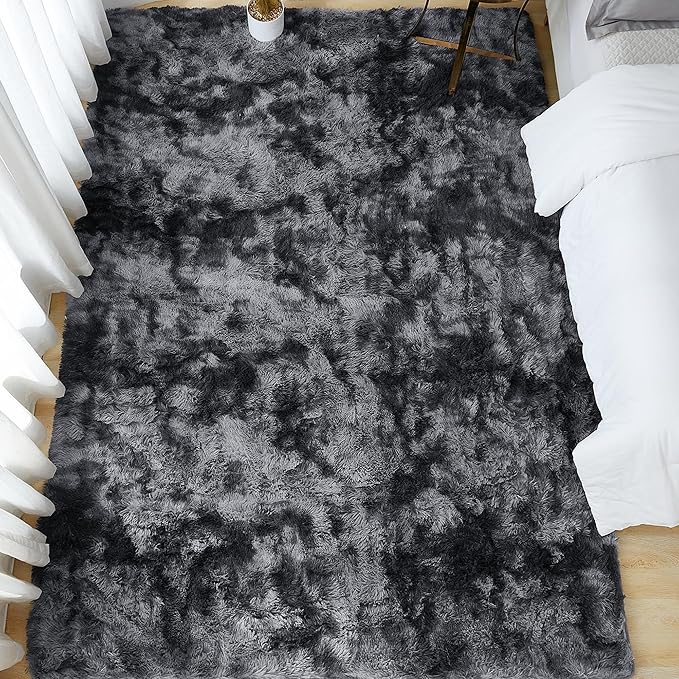 Andency Soft Area Rugs for Living Room Bedroom, 3x5 Non-Slip Fluffy Shag Carpet, Indoor Floor Fuzzy Shaggy Living Room Plush Rug for Kids Dorm Nursery Home Decor Aesthetic, Tie-Dyed Dark Grey