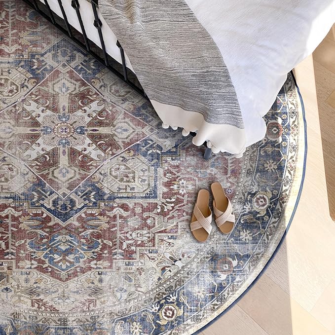 RUGGABLE Washable Vintage Area Rug – Kamran Royal Blue 6 ft Round, Stain-Resistant, Non-Slip – Medium Machine Washable Rugs for Living Room, Bedroom, Hallway, Entryway & Office–with Standard Pad