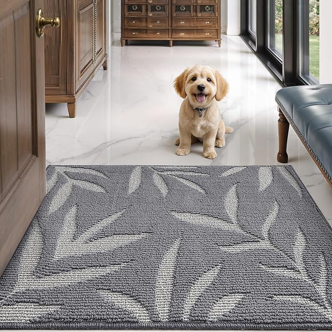 LUMI Indoor Door Mat 32x48, Washable Front Doormat with Welcome Leaf Pattern, Non-Slip Rubber Back Absorbent Mats for Entrance, Patio, Garage, Light Grey