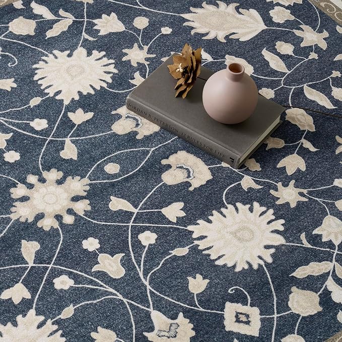 EVERGRACE Area Rugs for Living Room 6x9, Boho Floral Faux Wool Indoor Outdoor Rugs, Washable Rugs for Bedroom Dining Room Entryway Kitchen, Low Pile Floor Mat Carpet for Home Decor, Navy Blue