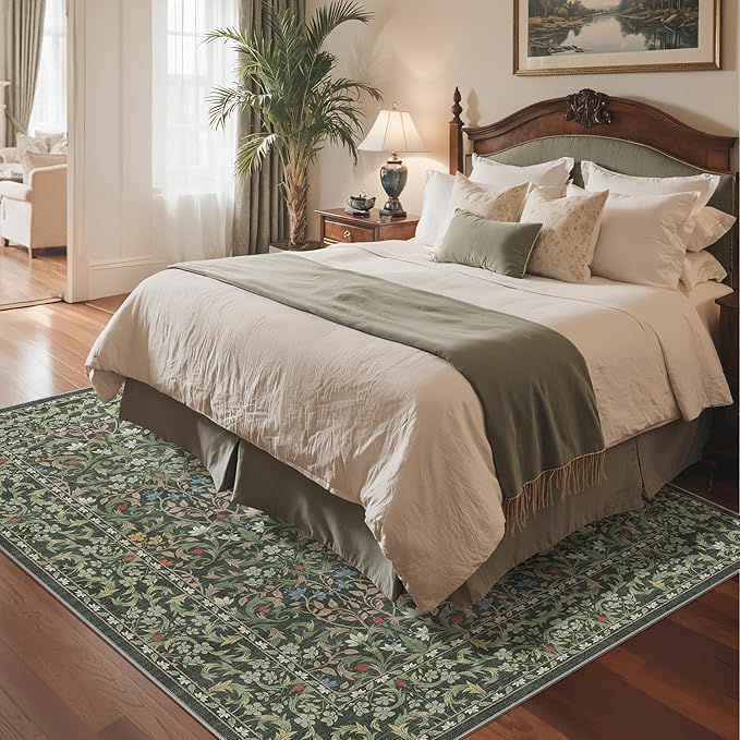 Bavni 8x10 Area Rugs for Living Room, Floral Rug Machine Washable Non Slip, Vintage Boho Forest Carpet, Soft Low Pile Thin Lightweight Rugs for Bedroom, Farmhouse, Dining Room Office, Emerald Green
