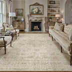 HUGEAR Retro Beige Area Rug 6x9 Machine Washable Living Room Rugs Distressed Vintage Floral Low Pile Carpet Bedroom Office Dining Room Laundry Room Non Slip Soft Lightweight